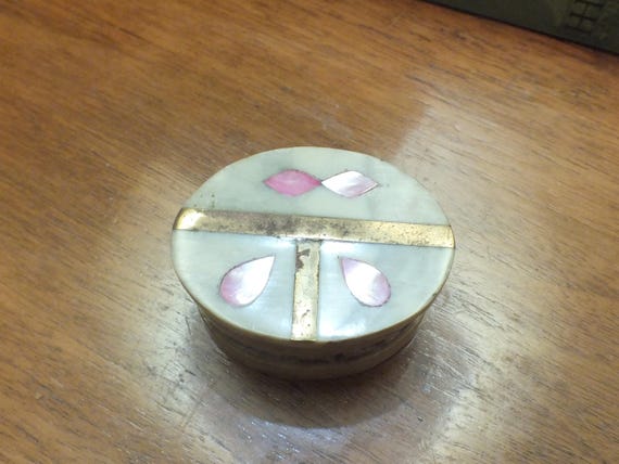 Vintage Hand Carved Stone Trinket Box with Mother of Pearl Inlay