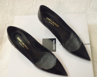 Vintage Saint Laurent Paris Shoes Black Patent with Kitty Heel Size 35.5