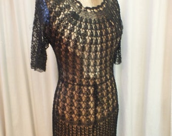 Vintage Black Crochet Long Dress Size Medium