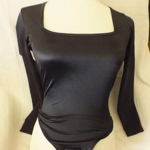 90&#39;s Vintage Black Satin Bodysuit with Square Neck Long Sleeves from Victoria&#39;s Secret with Thong Bottom Size X-Small