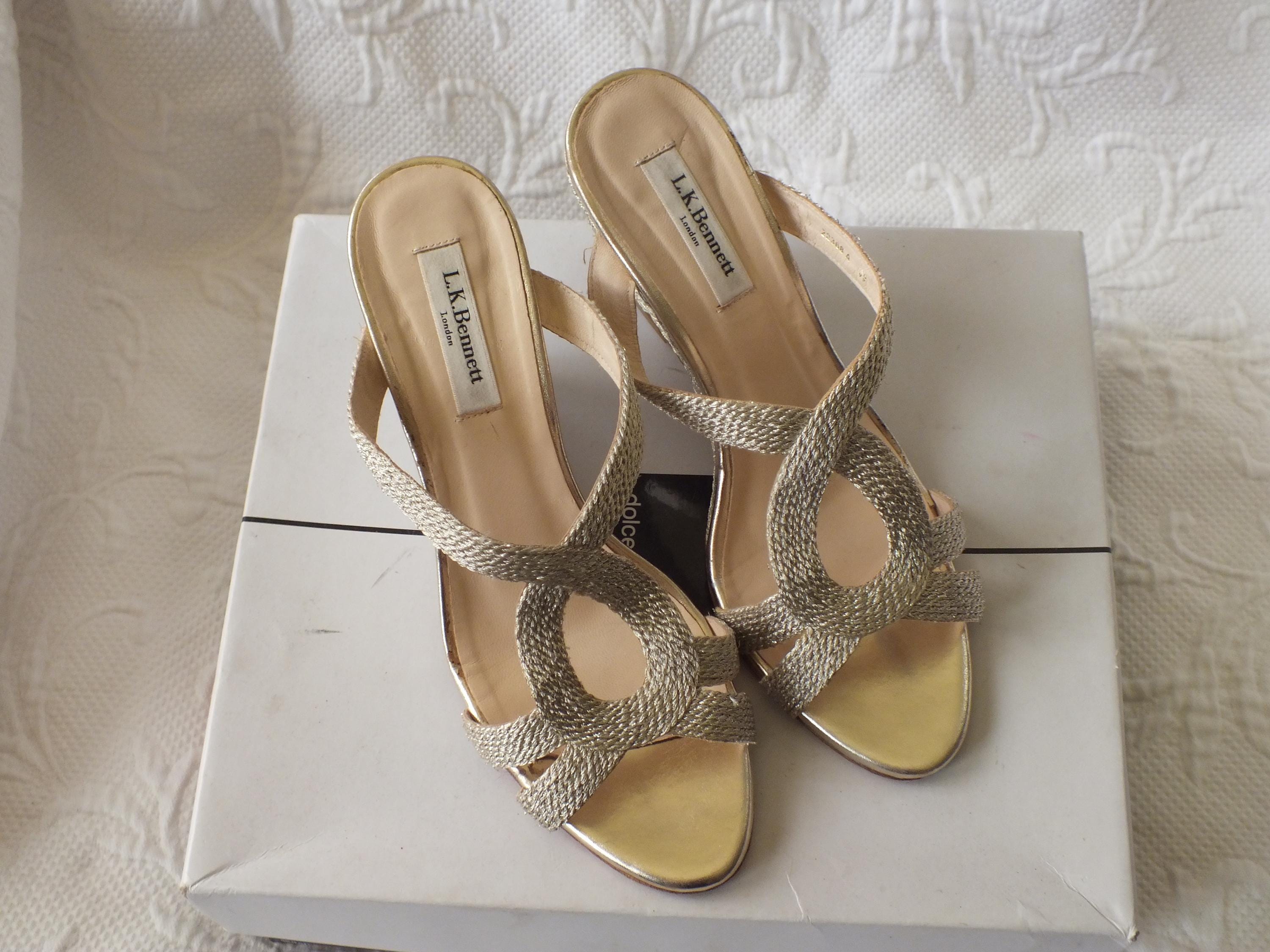 L.K. Bennett London Gold Wedge Sandals Shoes Size 39 Espadrilles