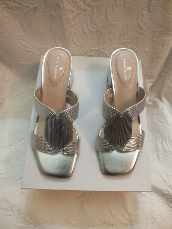 Silver Sandals with Block Heel Open Toe Mules Siz… - image 5