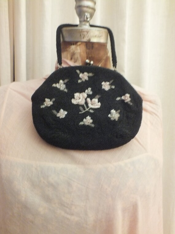 Vintage Black Beaded Bag with Flowers  for May Co… - image 7