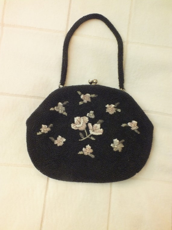 Vintage Black Beaded Bag with Flowers  for May Co… - image 9