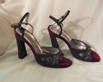 Vintage Shoes by Dolce & Gabbana Open Toe Velvet, Embroidered and Beaded Pumps Size 38.5 Designer Shoes