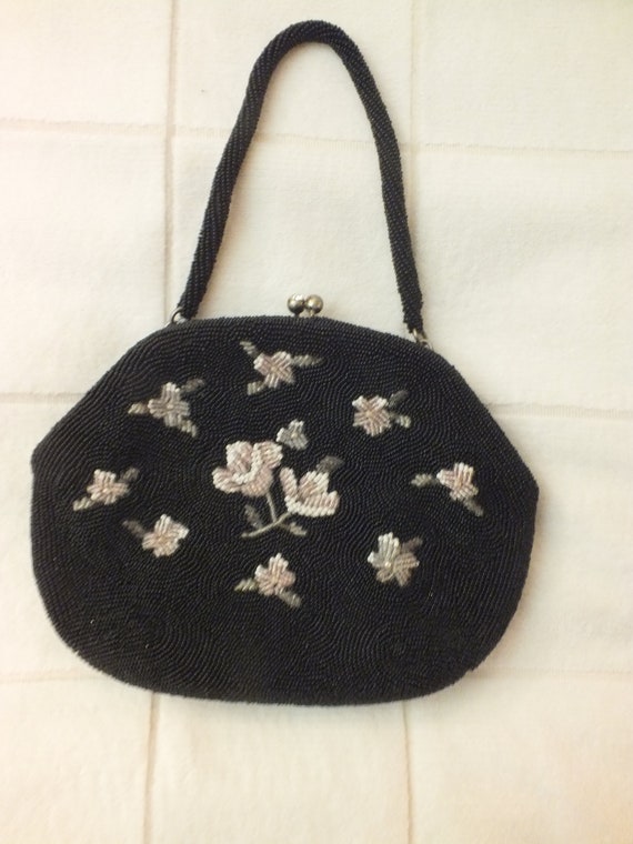 Vintage Black Beaded Bag with Flowers  for May Co… - image 8