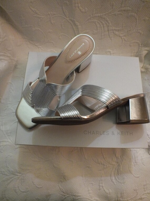 Silver Sandals with Block Heel Open Toe Mules Siz… - image 6