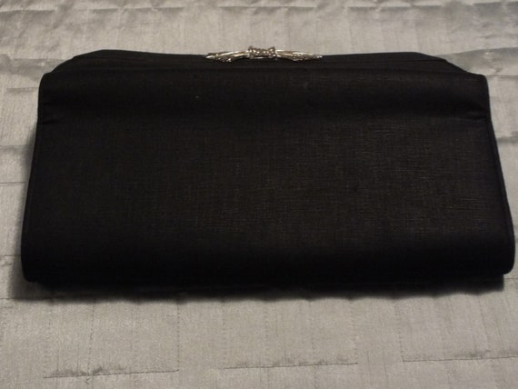 Black Clutch Bag with Brooch Linen - image 7