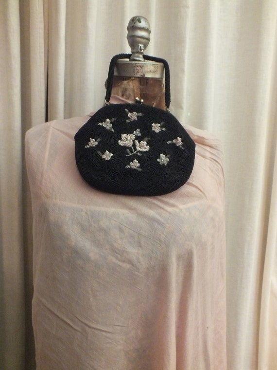 Vintage Black Beaded Bag with Flowers  for May Co… - image 5