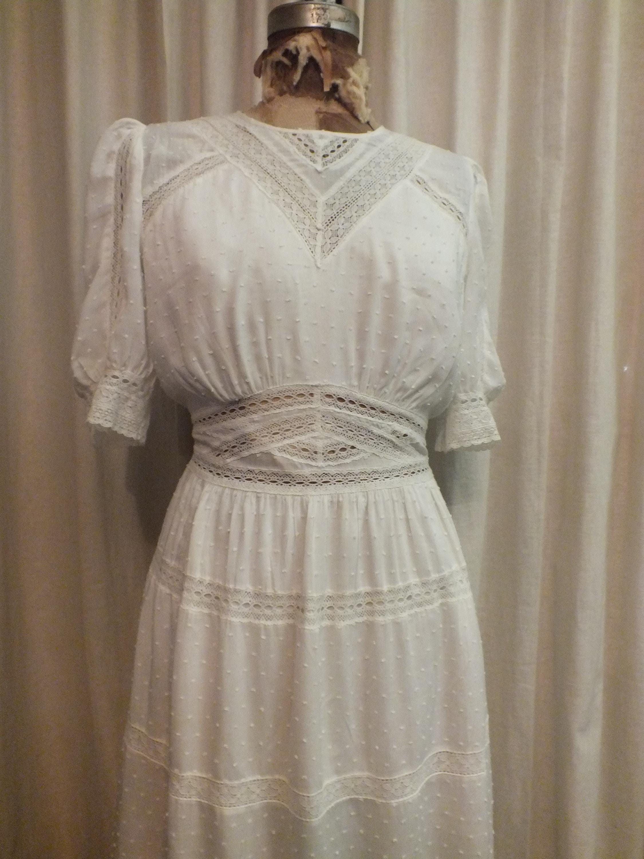 White Long Embroidered Dress With Lace Vintage Inspired Dress Size XS/Small Romantic Dress