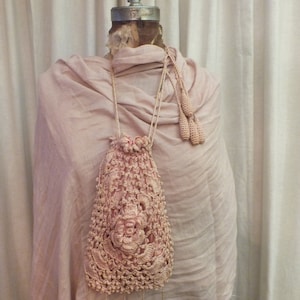 Vintage Crochet Pink String Rose Bag/Purse