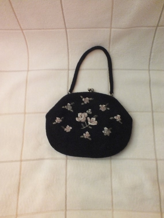 Vintage Black Beaded Bag with Flowers  for May Co… - image 4