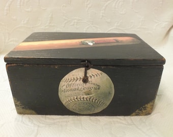 Vintage Wooden Baseball Box  Baseball Cards Keeping Box / Baseball Cigar Box
