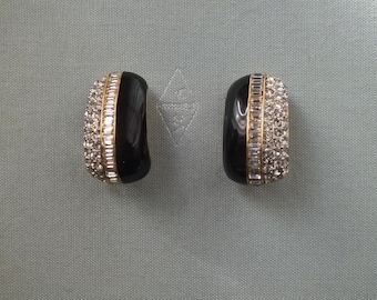 Vintage St. John Clip Earrings in Black and Gold with Rhinestones Signed St. John