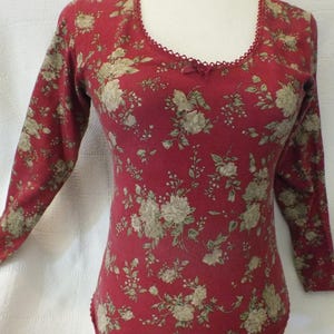 80&#39;s  Victoria&#39;s Secret Red Floral Bodysuit Size Small Cotton Long Sleeve Bodysuit