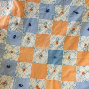Vintage Baby Quilt Blanket in Orange and Blue Cotton Flannel