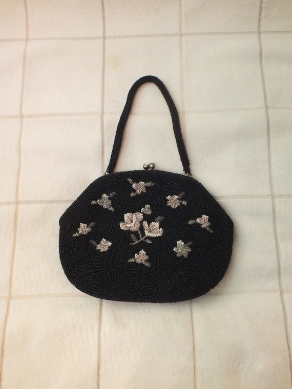 Vintage Black Beaded Bag with Flowers  for May Com