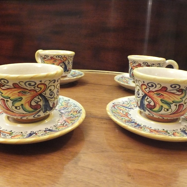 Vintage Espresso Cup and Saucer Set of 4 by Meridiana Ceramiche Made in Italy With Dragon Design