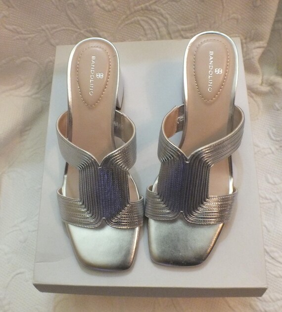 Silver Sandals with Block Heel Open Toe Mules Siz… - image 4