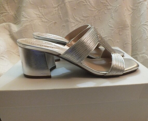 Silver Sandals with Block Heel Open Toe Mules Siz… - image 2