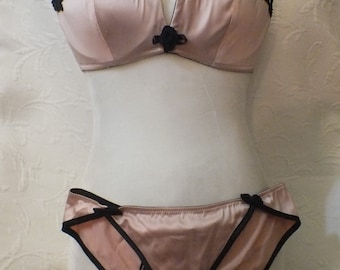 Vintage Pink and Black Satin Bra and Undies by Chantal Thomass for Victoria's Secret Size 34B