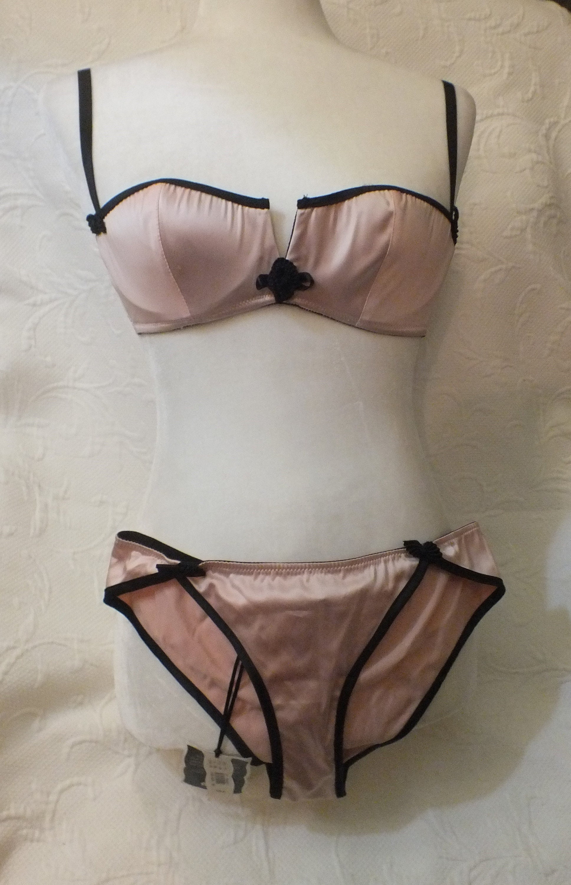 Vintage Pink and Black Satin Bra and Undies by Chantal Thomass for