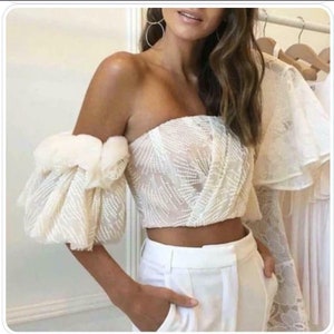 Gorgeous Romantic Pink Tulle Crop Top with Puffy Sleeves by Muses - Romantic Top, Wedding