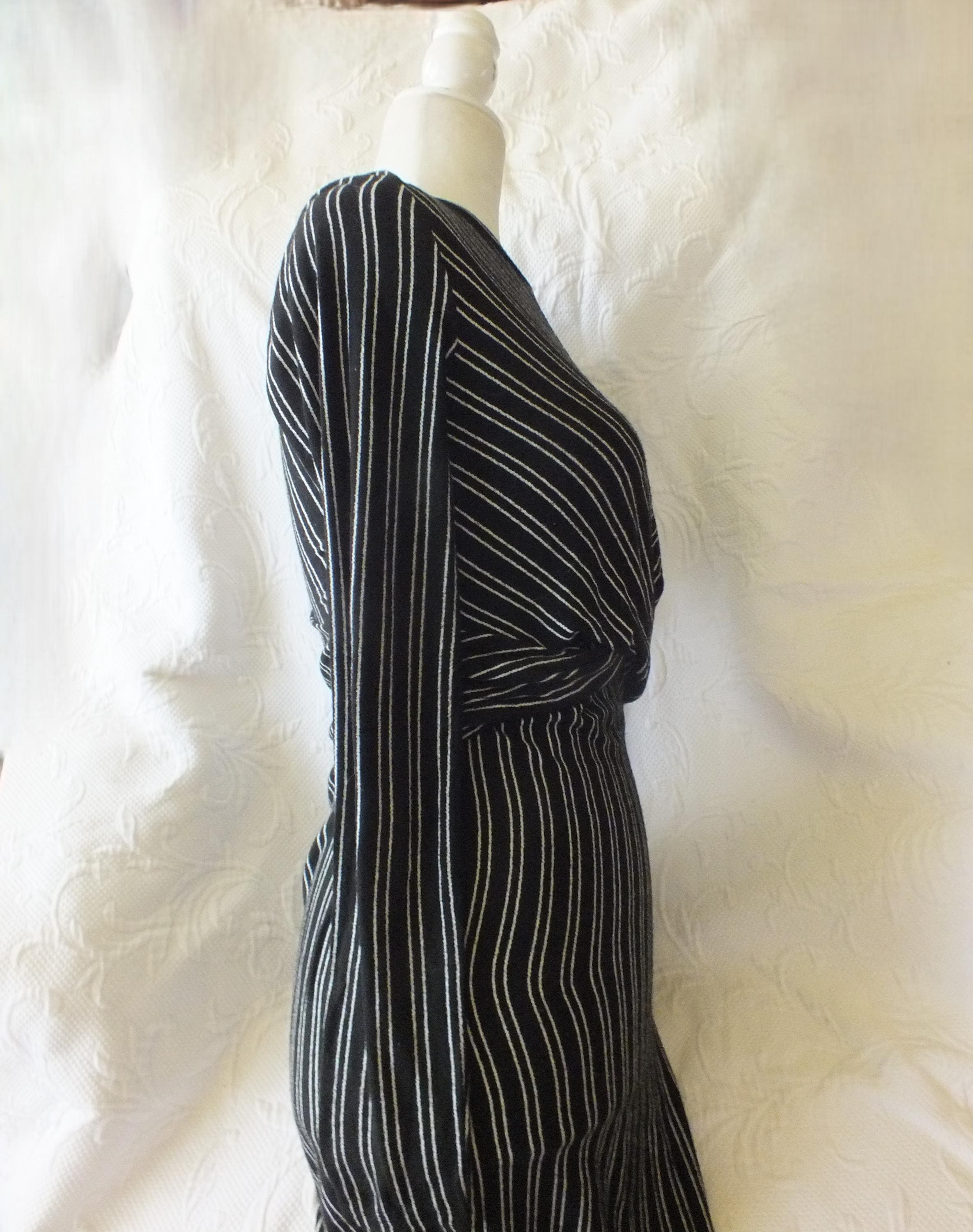 black and white striped dress vintage white and black vertical striped dress Beetlejuice Costume Black and White Vertical Stripe Swing Dress With Tie, Black / L