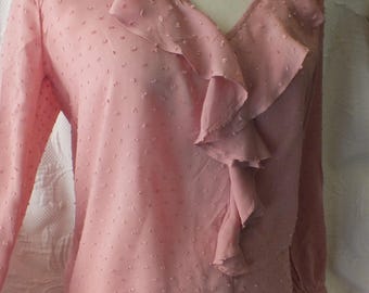 Vintage Pink Long Sleeve Blouse with Ruffles Swiss Dot Boho Top