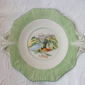 Art Deco Plate by H&K England  Hand Painted Vintage Plate with Mountain Scenery
