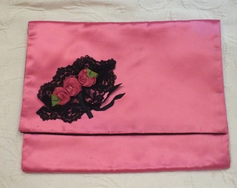Vintage Pink Satin Lingerie Bag with Pink Roses and Black Lace