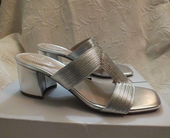 Silver Sandals with Block Heel Open Toe Mules Siz… - image 1