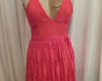 Spaghetti Straps Lace Summer Dress in a Red Orange Color with Low V-Neck Size 6 U-Back Cocktail Dress by Free People