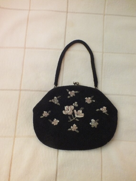 Vintage Black Beaded Bag with Flowers  for May Co… - image 3