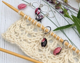 Pink and black agate bead stitch markers with closed ring