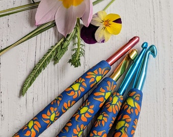 Crochet hook various sizes, polymer clay (Fimo) covered aluminium hook