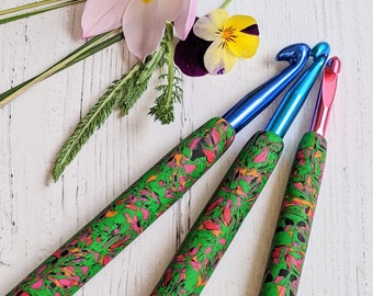 Crochet hook various sizes, polymer clay (Fimo) covered aluminium hook