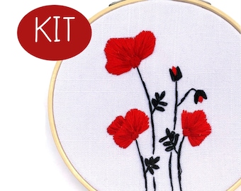 Little Poppies Embroidery KIT with Embroidery Pattern and Embroidery Supplies - 5 inch poppies embroidery hoop - Thread Unraveled