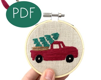 PDF DIGITAL Embroidery Pattern - Vintage Red Truck and Tree Ornament -- Christmas Ornament - Beginner Embroidery Pattern -Thread Unraveled