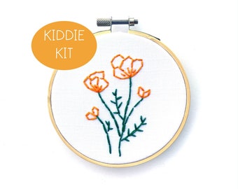 Poppies Embroidery KIT FOR KIDS with Pre-Printed Fabric and Embroidery Supplies