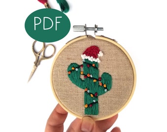 PDF DIGITAL Embroidery Pattern - Santa Cactus Ornament -- Christmas Ornament - Beginner Embroidery Pattern -Thread Unraveled