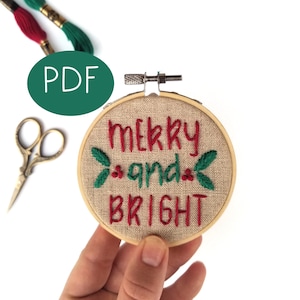 PDF DIGITAL Embroidery Pattern - Merry and Bright Ornament -- Christmas Ornament - Beginner Embroidery Pattern -Thread Unraveled