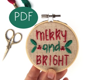 PDF DIGITAL Embroidery Pattern - Merry and Bright Ornament -- Christmas Ornament - Beginner Embroidery Pattern -Thread Unraveled