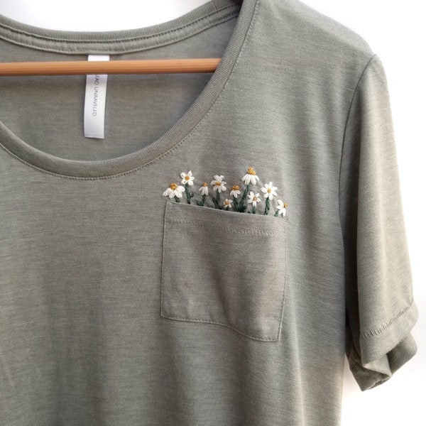 Daisy Pocket Hand Embroidered T-Shirt  - Thread Unraveled