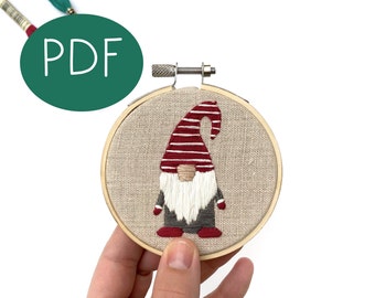 PDF DIGITAL Embroidery Pattern - Gnome Ornament -- Christmas Ornament - Beginner Embroidery Pattern -Thread Unraveled