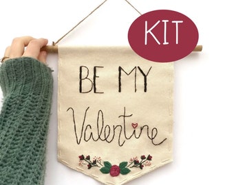 Be My Valentine Hanging Banner Embroidery Kit- hand embroidery with Embroidery Pattern and Embroidery Supplies - Thread Unraveled