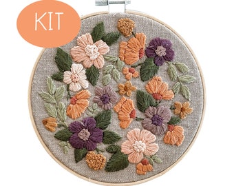 Peachy Poppies Embroidery KIT with Embroidery Pattern and Embroidery Supplies - Thread Unraveled - beginner friendly - diy