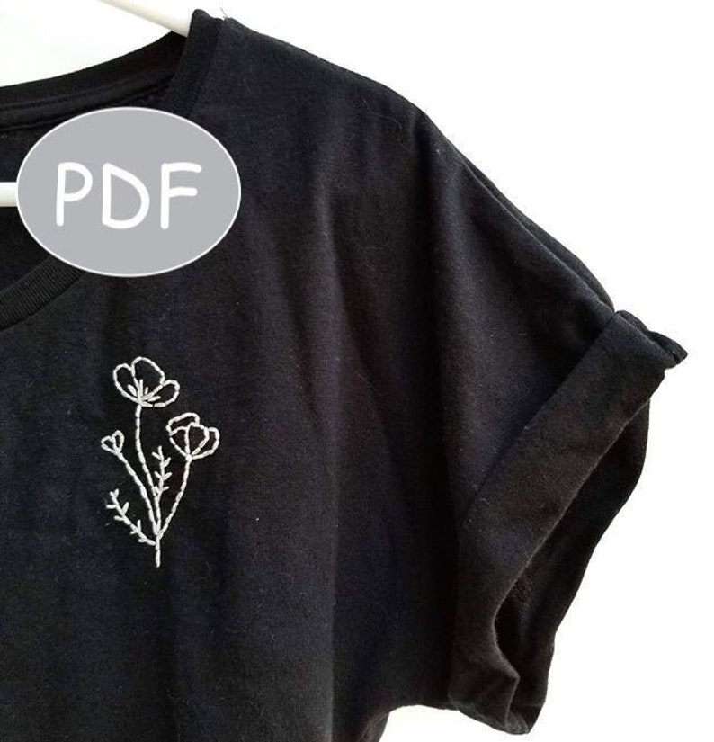 PDF DIGITAL Pattern Poppies Tee DIY Thread Unraveled Beginner Embroidery Pattern Embroidered Shirt T-Shirt image 1