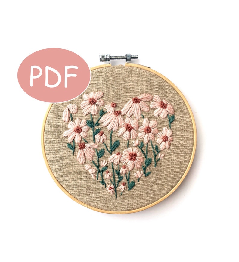 PDF DIGITAL Pattern Floral Heart DIY Thread Unraveled Beginner Embroidery Pattern image 1