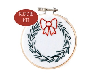 Wreath Ornament Embroidery KIT FOR KIDS with Pre-Printed Fabric and Embroidery Supplies